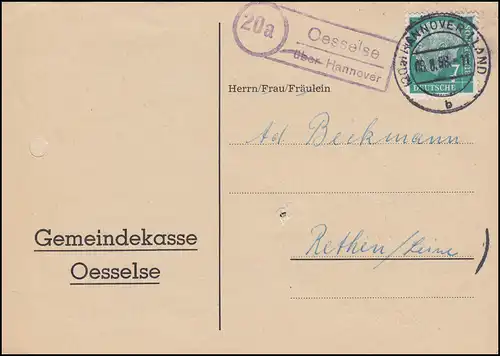Landpost-Stempel Oesselse über HANNOVER 8.8.1958 auf Drucksache nach Rethen