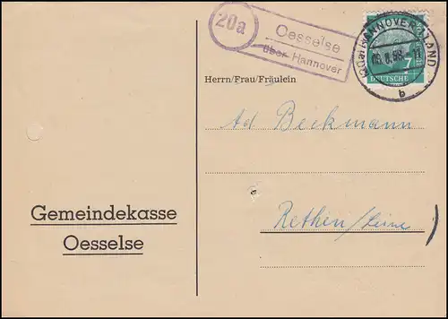 Le temple de Landpost Osselse sur HANNOVER 8.8.1958 sur impression à Rethen