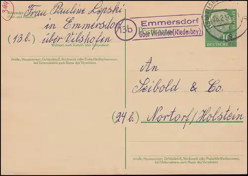 Landpost-Stempel Emmersdorf über VILSHOFEN (NIERDERBAY.) 28.2.1957 auf Postkarte