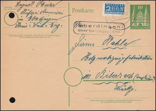 Landpost-Stempel Eberdingen über VAIHINGEN (ENZ) 21.2.1950 auf Postkarte P 2I