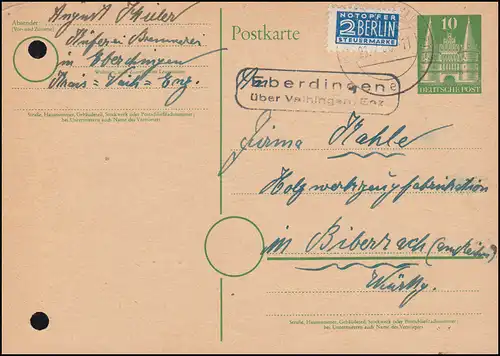 Temple de Landpost Eberdingen via VAIHINGEN (ENZ) 21.2.1950 sur carte postale P 2I