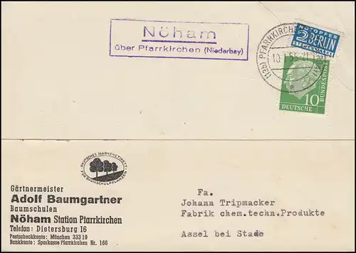 Temple de la poste de campagne Noham sur PVERRKIRCHEN (NIEDERBAY.) 10.1.1955 sur carte postale