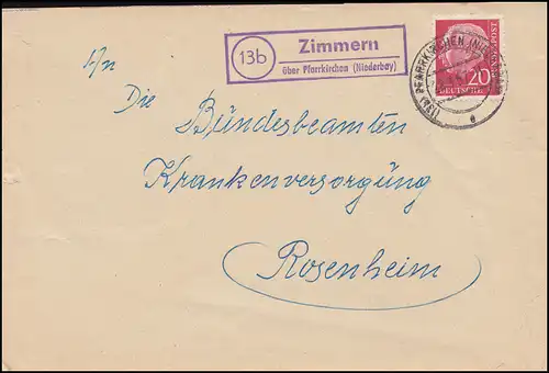 Landpost-Stempel Zimmern über PFARRKIRCHEN (NIEDERBAY.) 28.3.1957