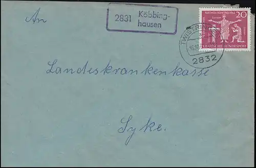 Temple de la poste de campagne 2831 Köbbinghausen sur lettre TWISTRINGEN 4.7.196216.10.1962