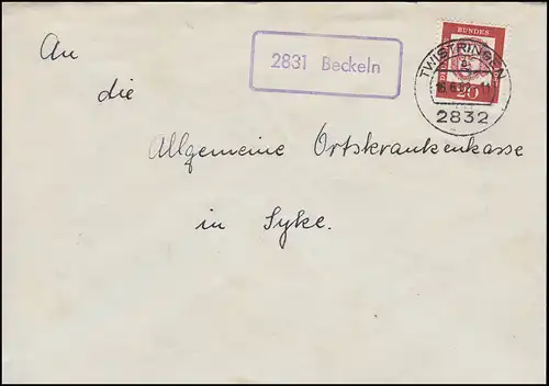 Landpost-Stempel 2831 Beckeln auf Brief TWISTRINGEN 16.6.1962