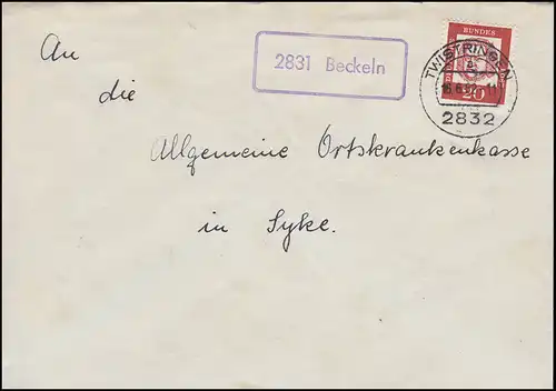 Temple de la poste de campagne 2831 Brancher sur lettre TWISTRINGEN 16.6.1962