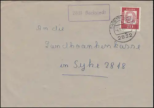 Landpost-Stempel 2831 Beckstedt auf Brief TWISTRINGEN 4.9.1963