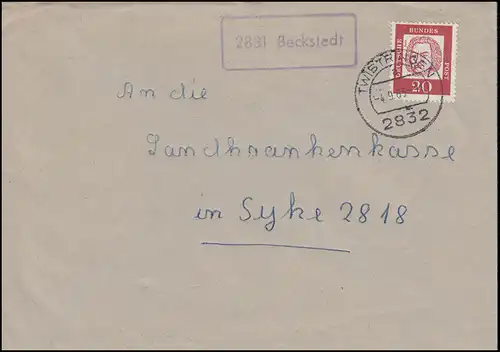 Temple de Landpost 2831 Beckstedt sur lettre TWISTRINGEN 4.9.1963