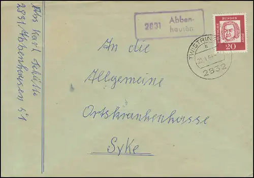 Landpost-Stempel 2831 Abbenhausen auf Brief TWISTRINGEN 20.1.1964