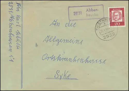 Temple de la poste de campagne 2831 Abbenhausen sur lettre TWISTRINGEN 20.1.1964