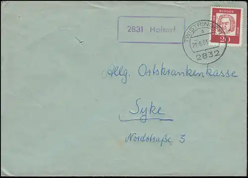 Temple de la poste de campagne 2831 Holtorf sur lettre TWISTRINGEN 21.9.1963