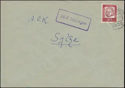 Temple de la poste de campagne 2831 Hölingen sur lettre TWISTRINGEN 28.11.1962