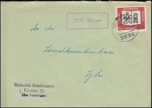 Landpost-Stempel 2831 Rüssen auf Brief TWISTRINGEN 16.10.1962