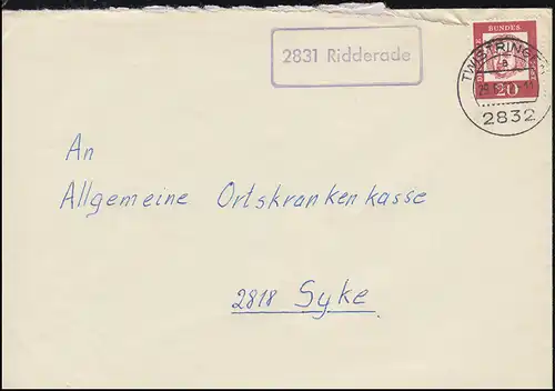 Temple de la poste de campagne 2831 Ridderade sur lettre TWISTRINGEN 29.6.1962