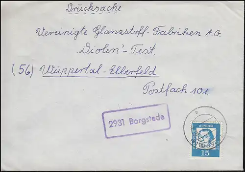 Landpost-Stempel 2931 Borgstede auf Drucksache VAREL (OLD.) 1963