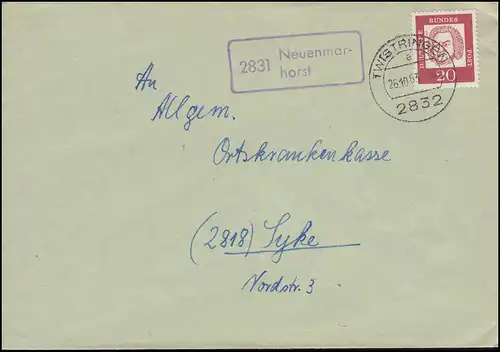 Temple de la poste de campagne 2831 Neuenmarhorst sur lettre TWISTRINGEN 26.10.1963