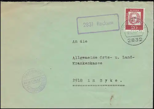 Landpost-Stempel 2831 Reckum auf Brief TWISTRINGEN 10.12.1963