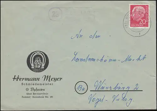 Landpost-Stempel Byhusen über BREMERVÖRDE 1.4.1956 auf Brief