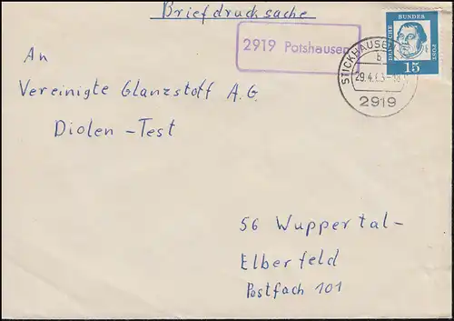 Temple de la poste de campagne 2919 Potshausen sur l'impression de lettres STICKHAUSEN 29.4.1963