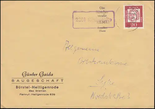 Landpost-Stempel 2801 Kirschseelte auf Brief BREMEN 1963 nach Syke