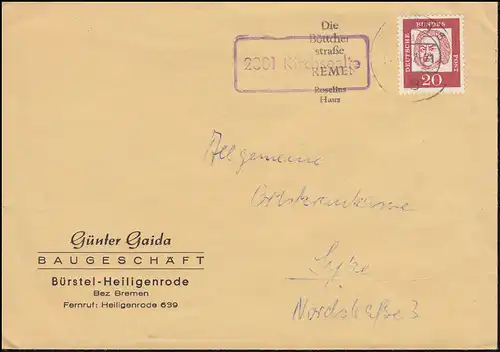 Temple de la poste de campagne 2801 Cerisiers sur lettre BREMEN 1963 à Syke