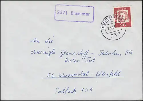 Landpost-Stempel 2371 Brammer auf Brief RENDSBURG 2.5.1963