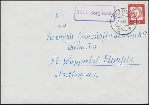 Temple de la poste de campagne 2301 Borghorst sur lettre GETTORF 23.4.1963