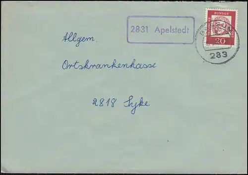 Landpost-Stempel 2831 Apelstedt auf Brief BASSUM 1963 nach Syke