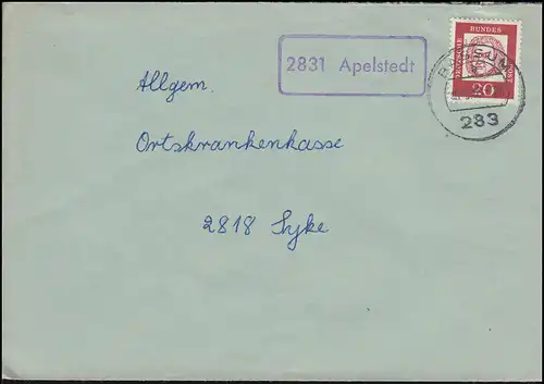 Le temple de Landpost 2831 Apelstedt sur lettre BASSUM 1963 à Syke