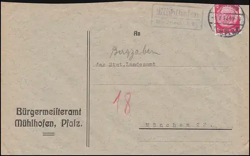 Landpost-Stempel Mühlhofen über LANDAU (PFALZ) 1934 auf Brief nach München