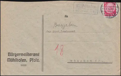 Le temple de Landpost Mühlhofen sur LANDAU (PFALZ) en 1934 sur lettre à Munich