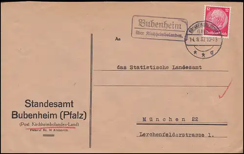 Landpoststempel Bubenheim über KIRCHHEIMBOLANDEN (LAND) 14.9.1932 auf Brief