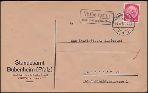 Timbre de poste de Bubenheim sur KIRCHHEIMBOLANDEN (LAND) 14.9.1932 sur lettre