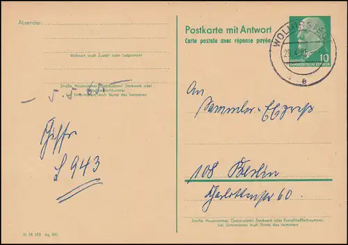 DDR P 73F Ulbricht ohne "Postleitzahl" aus WOLMIRSTEDT 29.4.1965 nach Berlin