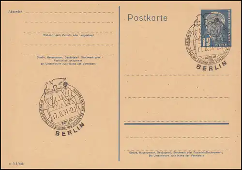 DDR P 50/03 Pieck: Note d'impression III/18/185 SSt BERLIN Festival mondial 7.8.1951