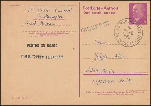 Poste maritime R.M.S. QUEEN ELIZABETH / PAQUEBOT 25.8.1967 sur carte postale DDR P 74A