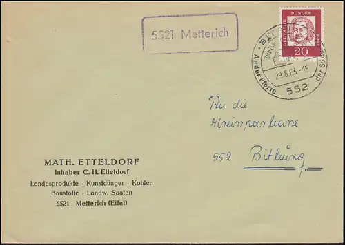 Landpost-Stempel 5521 Metterich auf Brief SSt BITBURG Der Bier-Brunnen 29.8.1963