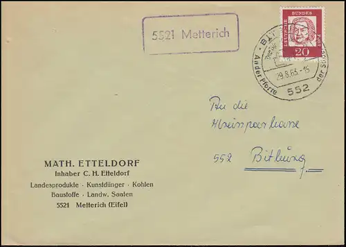 Temple de la poste agricole 5521 Metterich sur lettre SSt BITBURG La fontaine de bière 29.8.1963