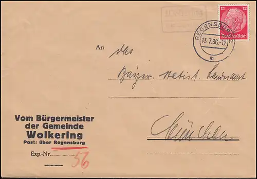 Landpost-Stempel Wolkering über REGENSBURG 2 - 13.7.1936 nach München