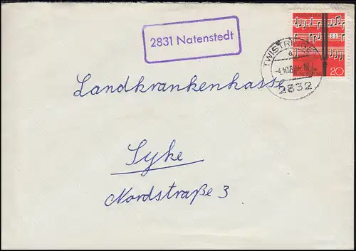 Temple de Landpost 2831 Natenstedt sur lettre TWISTRINGEN 4.10.62 avec vignette PLZ