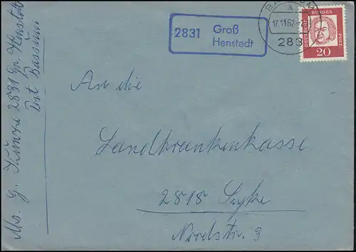 Temple de la poste de campagne 2831 Grand Henstedt sur lettre BASSUM 17.11.1962 avec vignette PLZ