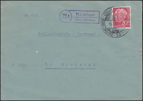 Landpost-Stempel Küsten über Lüchow auf Brief SSt LÜCHOW 800 Jahre 19.7.1958