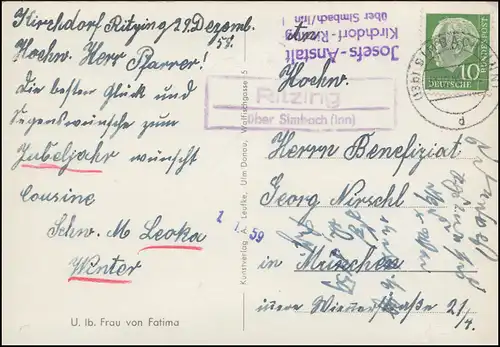 Landpost-Stempel Ritzing über SIMBACH (INN) 31.12.1958 auf AK Heilige