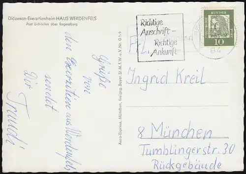 Landpost-Stempel 8411 Eichhofen auf AK Haus Werdenfels, REGENSBURG 2 - 1.3.1963