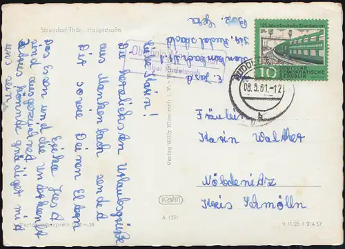 Le temple de Landpost Oberhain Mankenbach via RUDOLSTADT 8.5.1961 sur AK Sitzendorf