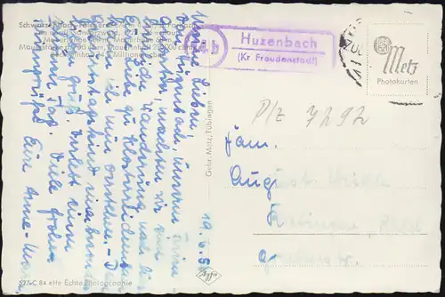 Landpost-Stempel Huzenbach (Kr. Freudenstadt) auf AK mit Bahnpost 1956