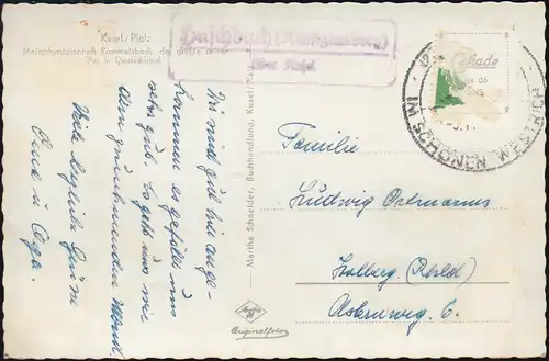 Landpost-Stempel Haschbach am Remigiusberg über Kusel auf AK SSt KUSEL um 1955