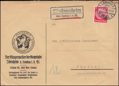 Landpost-Stempel Wollmesheim über LANDAU (PFALZ) 2 - 3.4.1936 Brief nach München