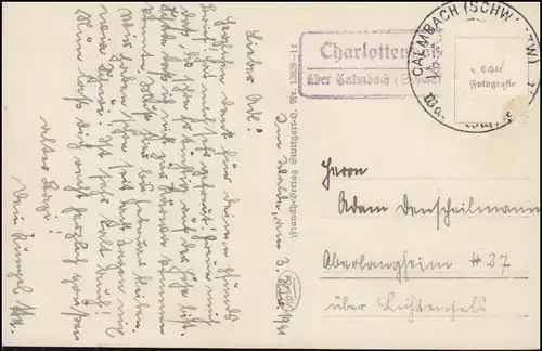 Landpost-Stempel Charlottenhöhe über Calmbach auf passender AK SSt CALMBACH 1941