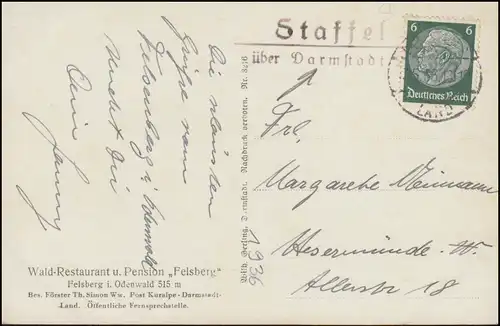 Landpost-Stempel Staffel über DARMSTADT 13.5.38, AK Felsenmeer auf dem Felsberg
